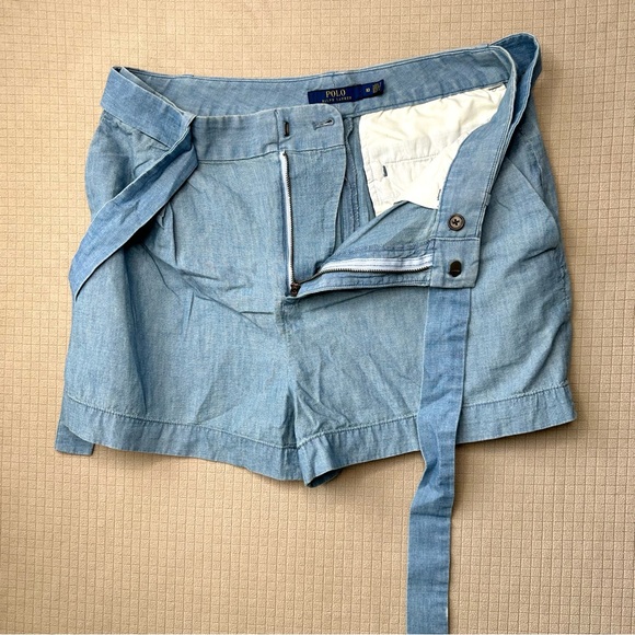 Polo Ralph Lauren 100% Cotton Blue Chambray Trouser Shorts Womens Sz 10 Tie Belt - Picture 4 of 9
